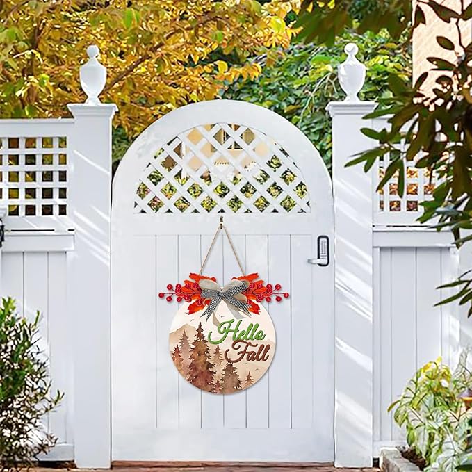 3D Hello Fall Door Sign,Fall Wreath for Front Door,Welcome Autumn Porch Sign,Thanksgiving Day Harvest Wall Decoration,Autumn Forest Maple Leaves Wood Decor for Home Farmhouse Yard Outdoor