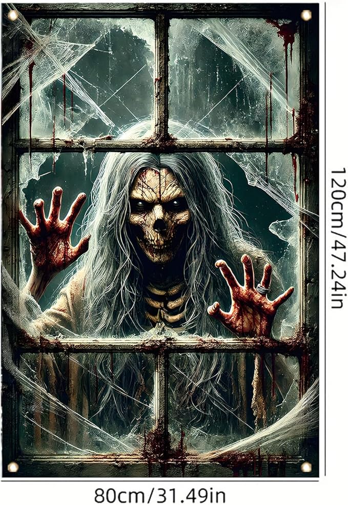 Window Cover Halloween 47x31 Inch Scary Skeleton Ghost Bloody Handprint Banner Creepy Horror Window Decoration for Haunted House Indoor Outdoor Poster Porch Decor