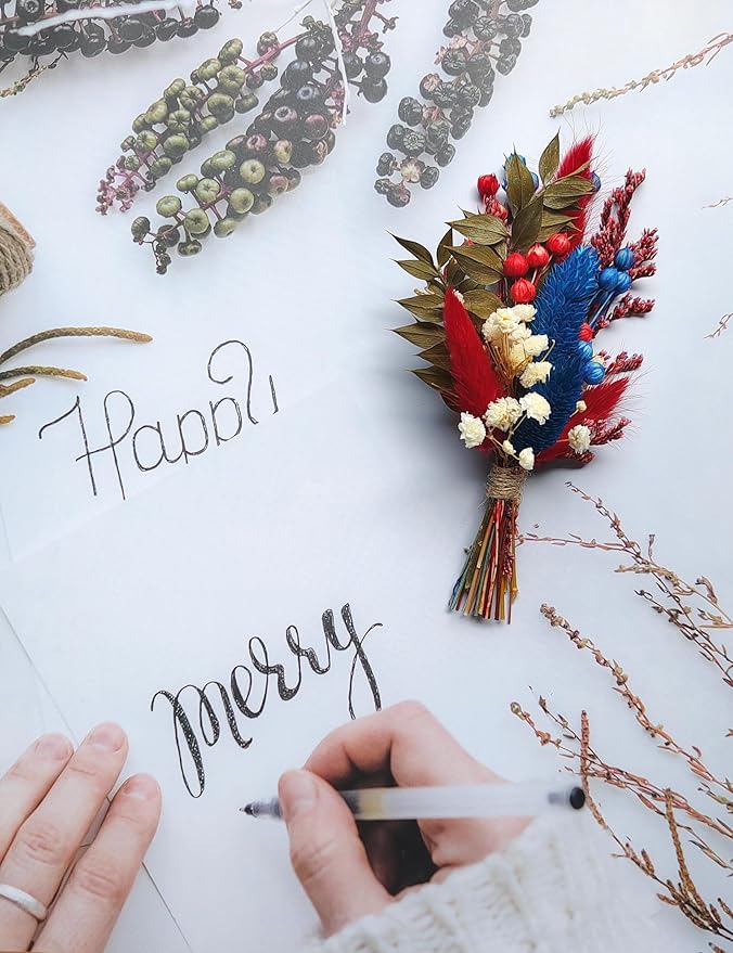 xin's convey Mini Dried Flower Bouquet 6 Piece Set, Burgundy Party Favours, Party Plate Decorations, Bridesmaids Flower Girl Proposal Boxes, Wall Decorations.(Blue + Burgundy)