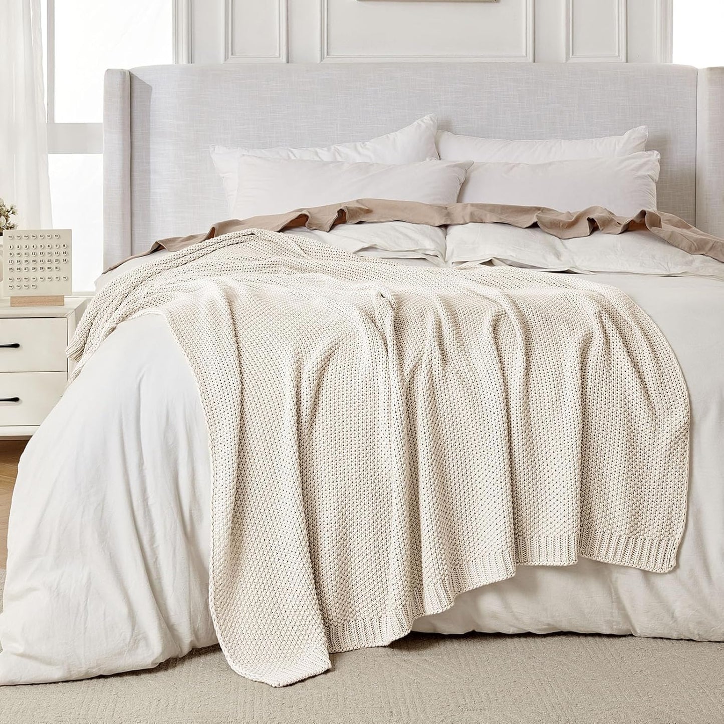 Joydeco Chunky Cable Knit Throw Blanket, Lightweight 100% Cotton Soft Cozy Throw Twin Blanket for Couch Bed and Sofa, Rustic Breathable Farmhouse Blanket Gift for Women Men(Cream White, 60"x80")