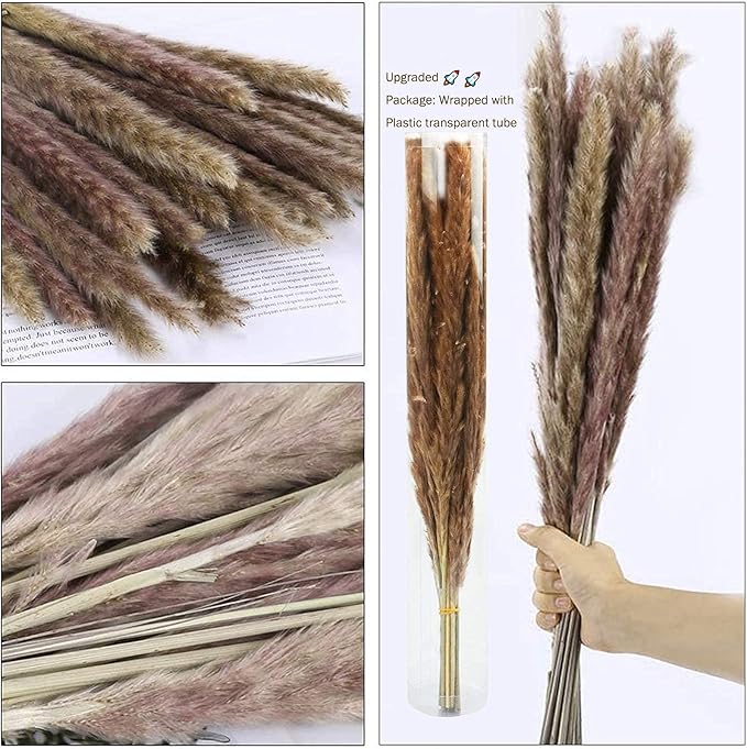 17" Pampas Grass, Uieke 30pcs Natural Dried Artificial Flowers Arrangements Large Reed Plumes Long for Home Wedding Party Decoration Wreath Vase Boho Decor Brown
