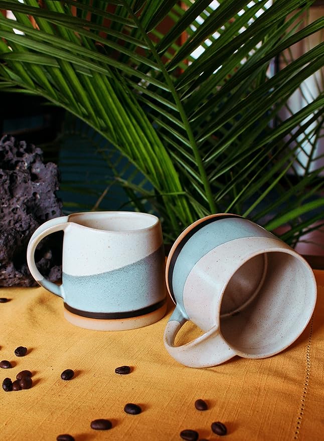 Well Covered & Green Original Day Glazed Ceramic Coffee Mug Set - 2 Vintage Japanese Style Cappucino Coffee Mugs - Stoneware Mug & Matcha Cup Gift Set - 2 x White, 12oz