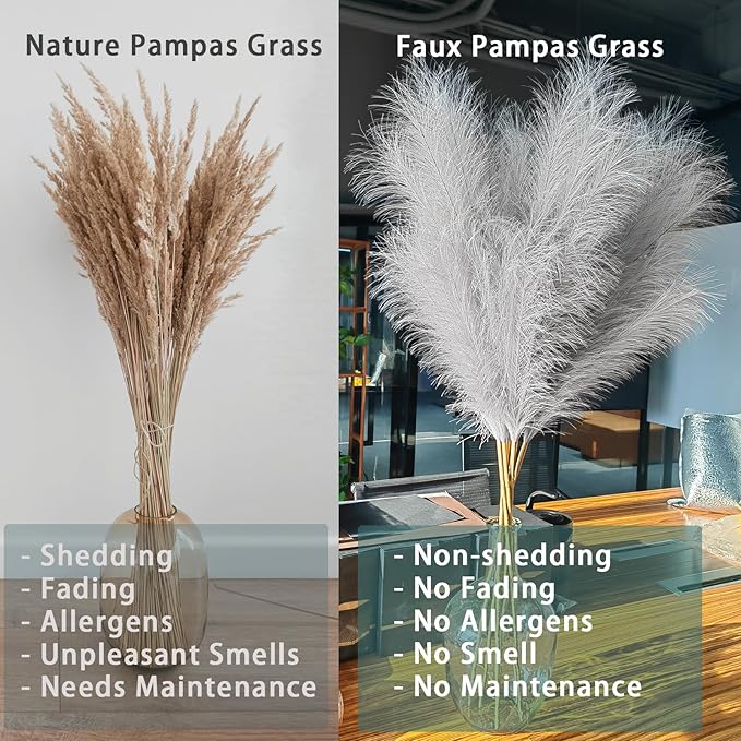 38" 10 Stems Faux Pampas Grass Tall - Grey Tall Pampas Grass Decor Pompas Floral Arrangement and Vase Filler for Boho Home Wedding Mothers Day Decoration