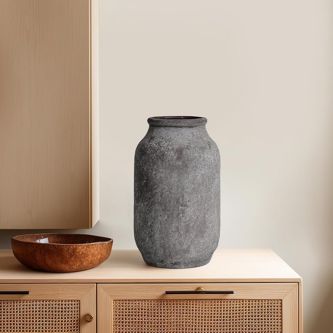 Rustic Ceramic Flower Vase, 9 inch Terracotta Farmhouse Pottery Vase for Home Decor, Farmhouse Decor, Living Room, Shelf, Office, Table Decoration