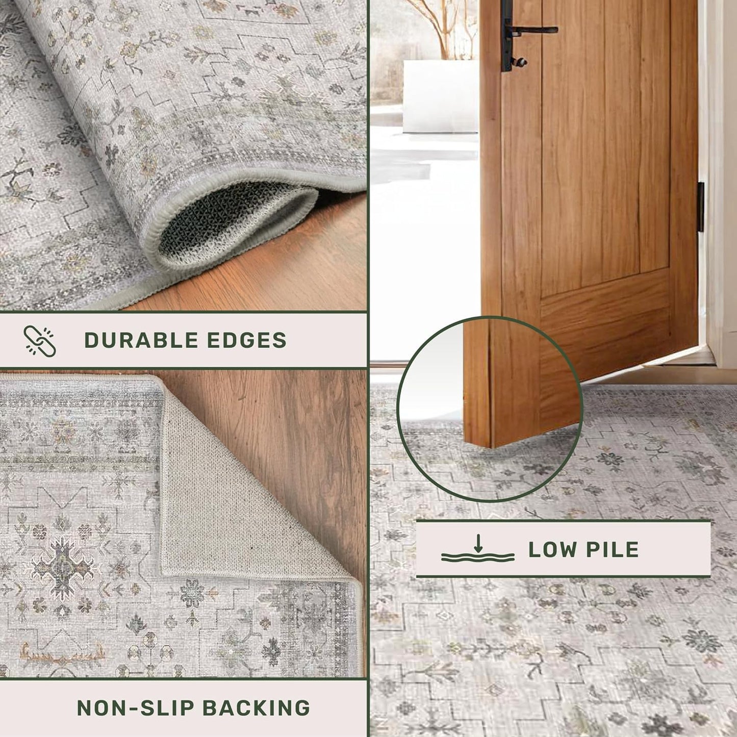 Light Grey 3x5 Large Boho Bathroom Rug - Modern Vintage Eclectic Floral Pastel Neutral Taupe, Washable Low Pile Non-Slip Area Rugs for Entryway, Kitchen, Bedroom Beside Bed, Laundry