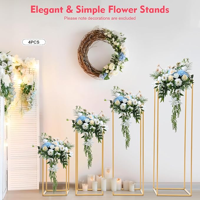4 Pcs Metal Flower Stand for Wedding Centerpieces Stand Column Vases Wedding Flower Stand Rectangular Geometric Gold Centerpieces Stands for Wedding Decorations Home Party Event (4Pcs)