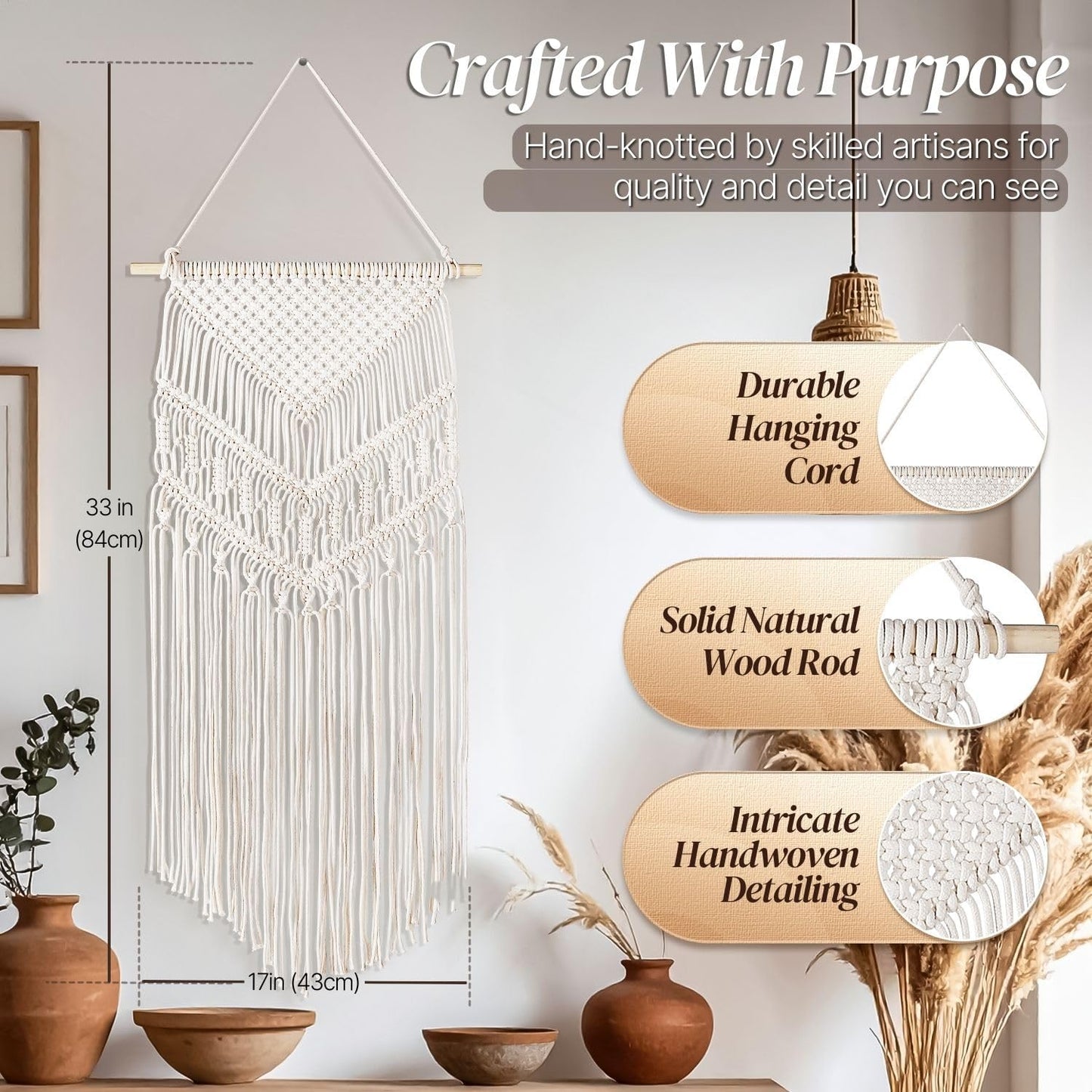 Flexzion Macrame Wall Decor Hanging Boho Hand Woven Tapestry Art Bunting Banner Bohemian Wall Decor for Home Bedroom Living Room Curtain Rustic Hippie Garland Baby Nursery, 33 Inch Cream White Cotton
