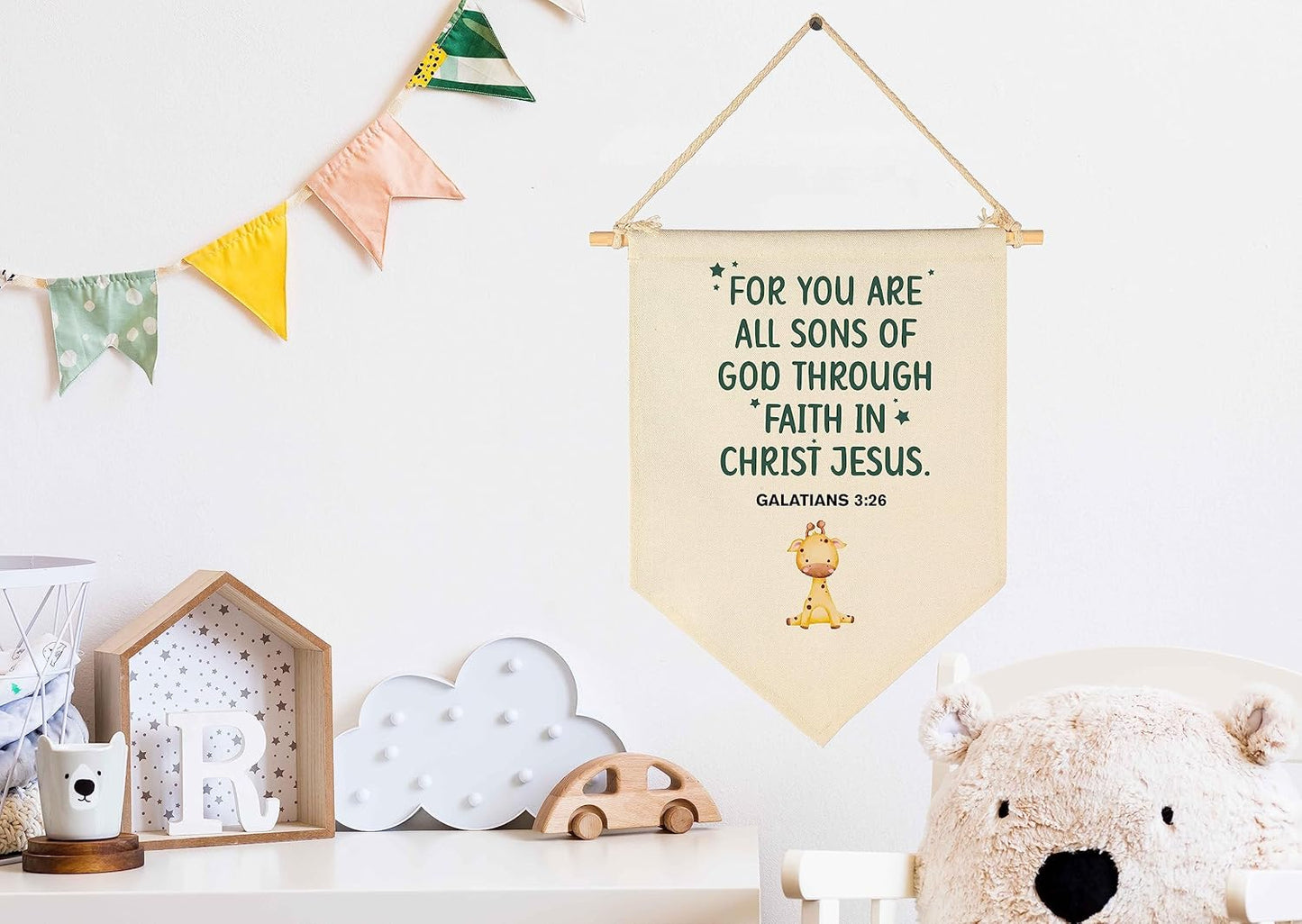 for You Are All Sons of God-Bible Verse Sign-Scripture Decor-Flag Decor Gift For Baby Boys Newborn Kids- Banner Wall Sign Gifts For Nursery Baby Room Playroom Bedroom Front Door