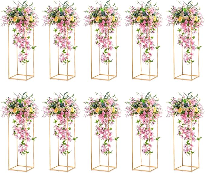 Nuptio 10 Pcs Gold Vase Metal Column Stand Road Lead Geometric Centerpiece Vase for Tables, 31½ inch Tall Floor Vases Decorative Tall Flower Rack for Home Event Party Wedding Decorations for Reception