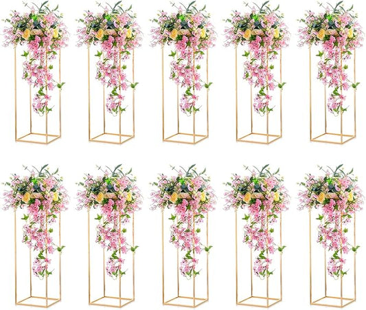 Nuptio 10 Pcs Gold Vase Metal Column Stand Road Lead Geometric Centerpiece Vase for Tables, 31½ inch Tall Floor Vases Decorative Tall Flower Rack for Home Event Party Wedding Decorations for Reception