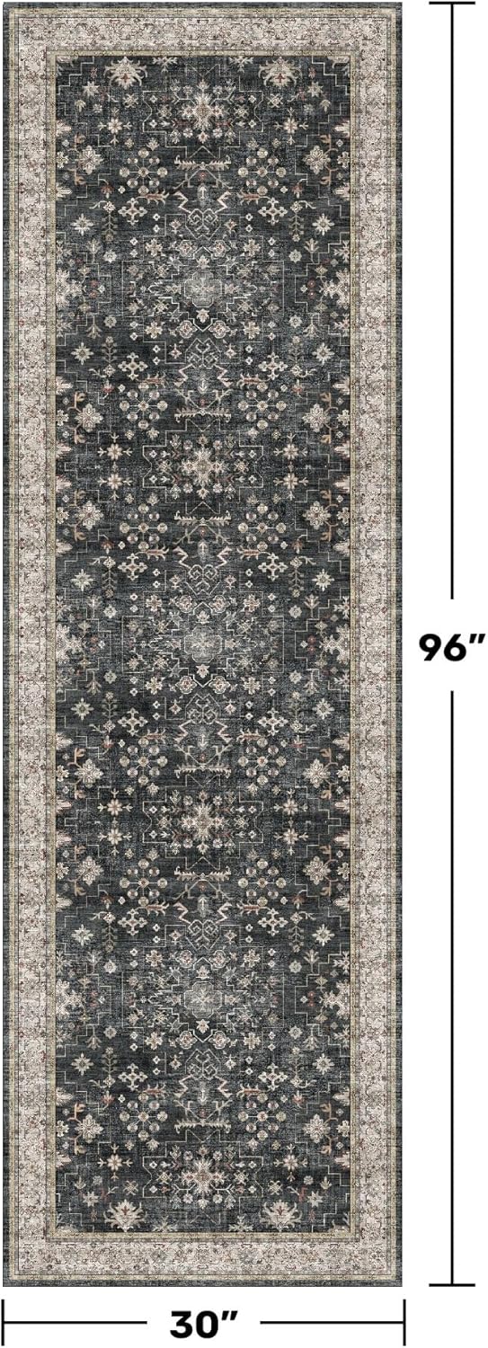 Dark Washable Long Runners for Hallways, 2'6"x8' Wide Kitchen Runner Rug, Entryway Indoor Rug, Non Slip Rubber Backing Boho Vintage Floor Decor, Ashen/Multi