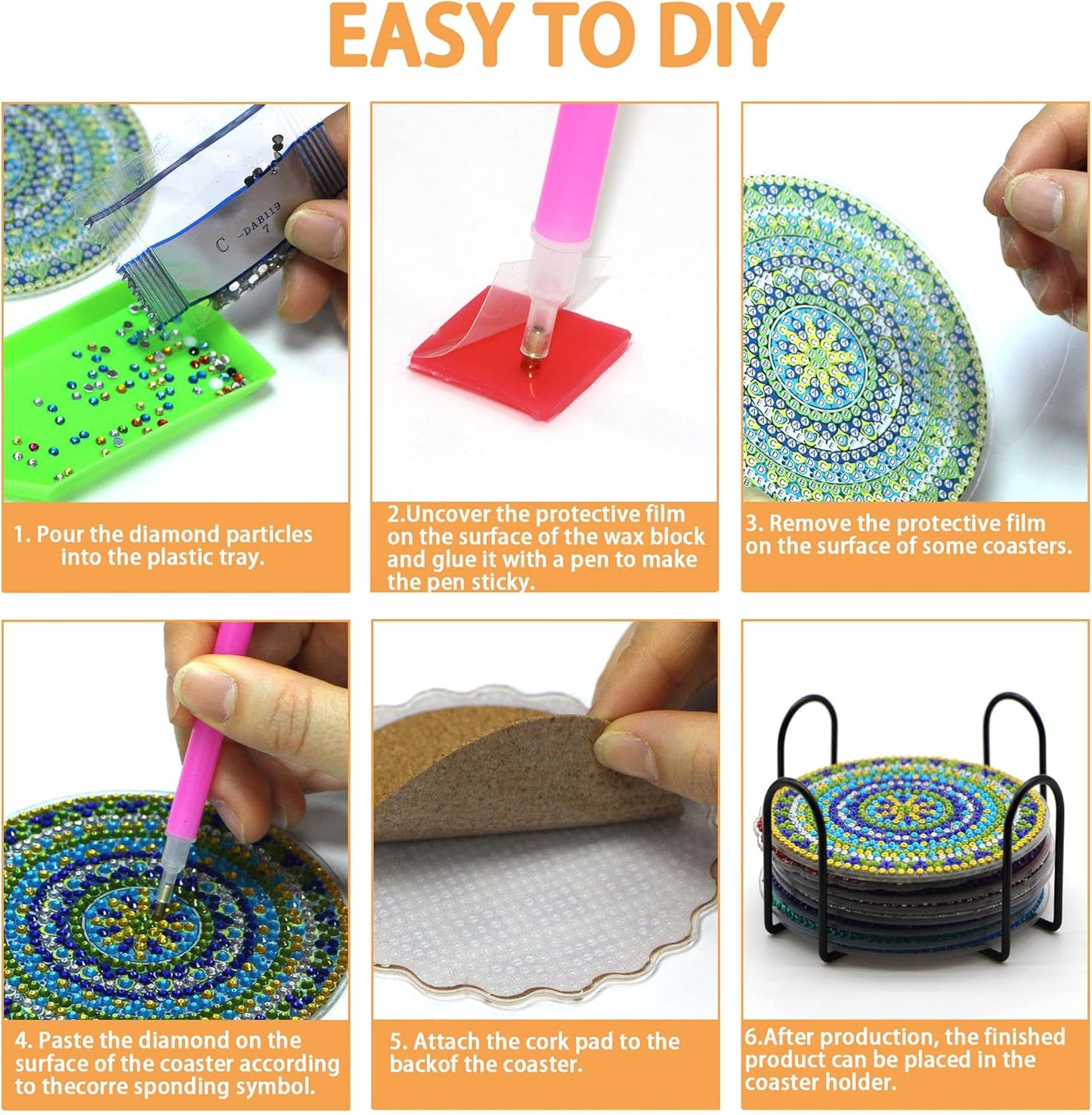 Diamond Art Coasters Kit with Holder, 8 Pcs Diamond Art Coasters for Adults Kids Beginners Crafts Gifts (Sun-Moon)