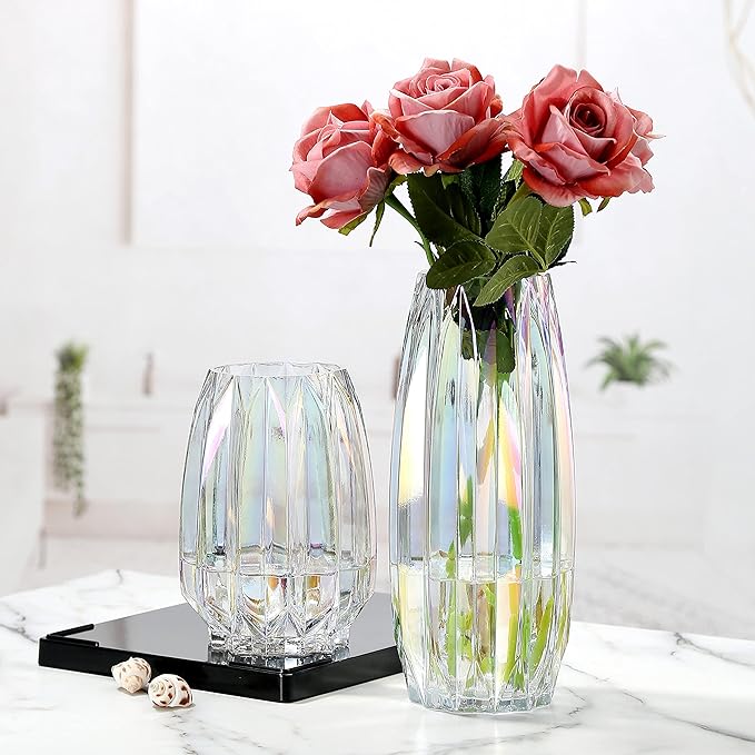 Colored Glass Vase Modern Ribbed Glass Vase for Flowers, Candles, and Decorative Accents - Tall/Short Glass Vase for Centerpieces Home Table Decor(Colored H7.87inch)