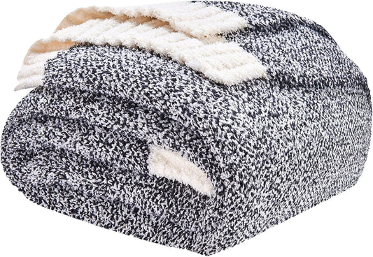 CozeCube Super Soft Fullfy Microfiber Reversible Knitted Blankets, Warm Cozy Fuzzy Plush Throw, Black and White Melange Throw Blanket for Couch Bed Sofa, 50" x 60"