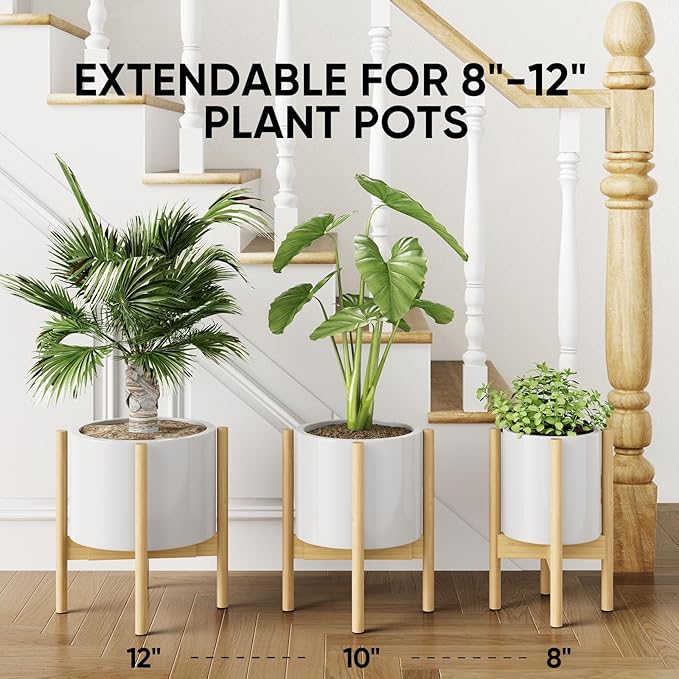 MUDEELA 14.5 Inch Tall Plant Stand for Indoor, Adjustable Width Bamboo Plant Stand for 8 9 10 11 12 Inches Pot, Single Tier Planter Holder Floor Stand, Mid Century Modern Style, Natural, Without Pot
