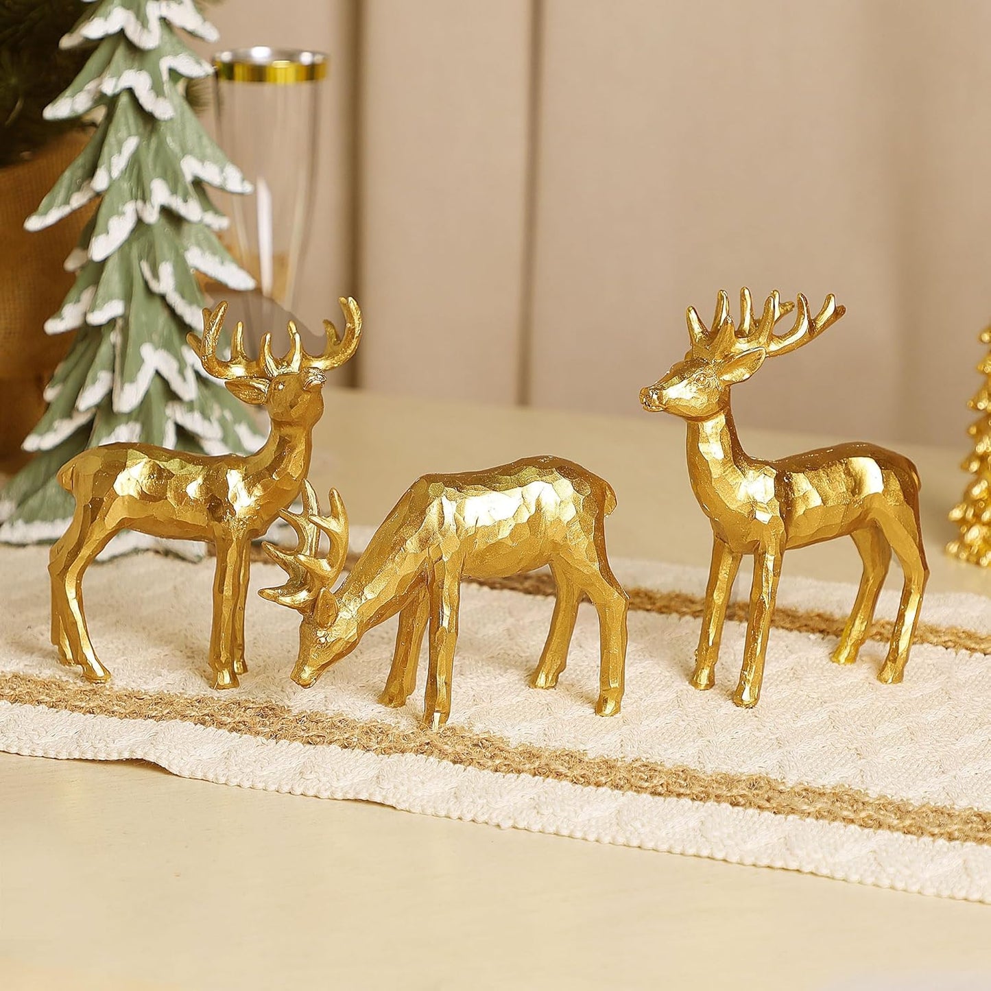Lulu Home 3 PCS Christmas Tabletop Decorations, Resin Golden Reindeer Family Figurines with Diverse Postures, Xmas Holiday Winter Centerpieces Ornaments for Mantel Shelf Sill Home Office Decor