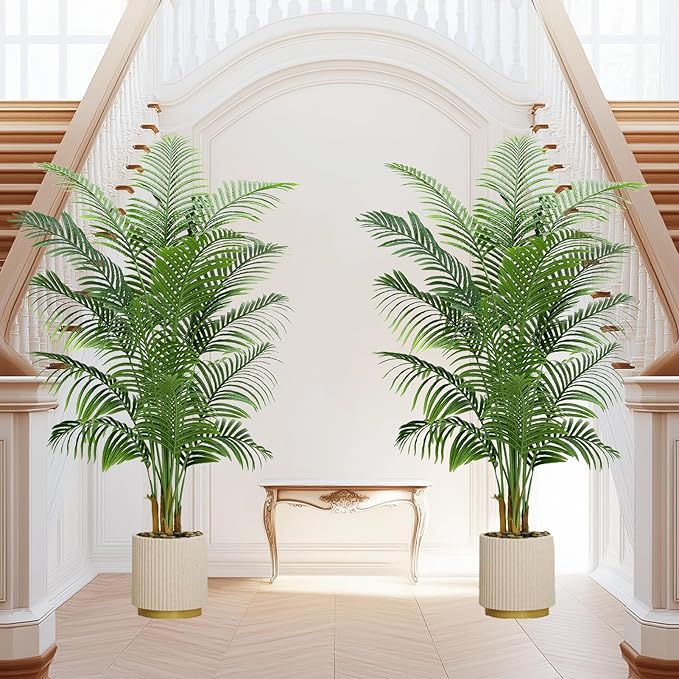 2 Pack Artificial Palm Tree Indoor Plant 7FT Tall Fake Tropical Palm Tree in Pot, Real Bark Design Faux Areca Palm Tree for Home Office Living Room Bedroom Farmhouse Modern Outdoor Topiary Tree