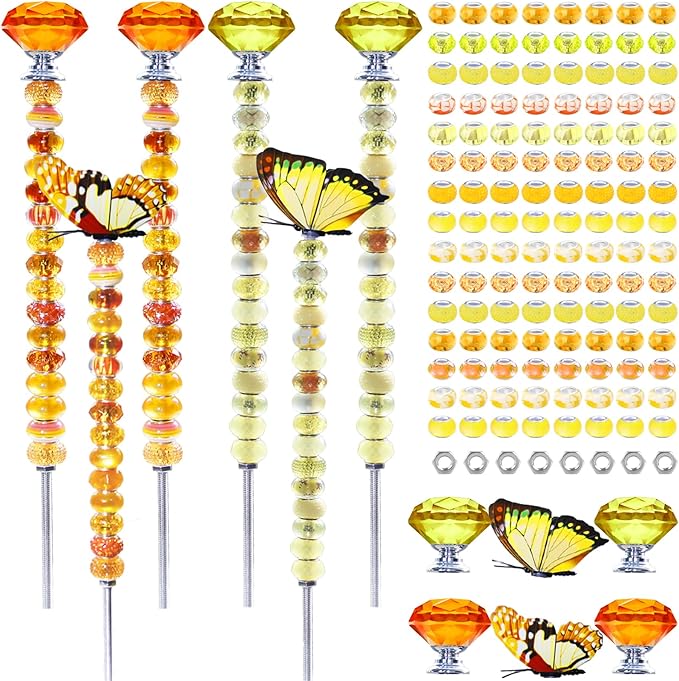 145 PCS Beaded Garden Stakes Kit, DIY Fairy Wand Garden Stake Beads Kits with Assortment Large Hole Beads 4 Crystal Stopper Top 2 Butterfly Tops and Threaded Rods for Outdoor Indoor Decor