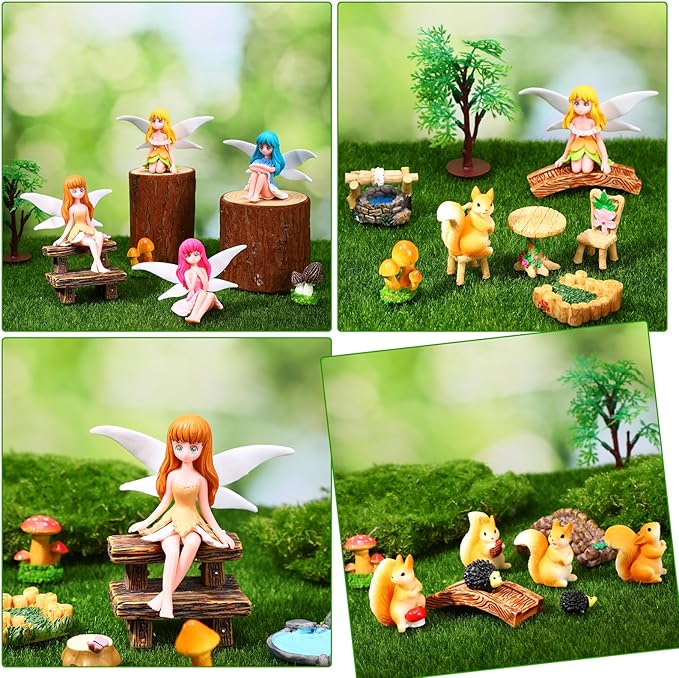 25Pcs Fairy Garden Accessories, Miniature Garden Ornaments Landscape Decorations Mini Fairy Figures Animal Plant Furniture Set for DIY Terrarium Potted Plants Dollhouse Desk Decor