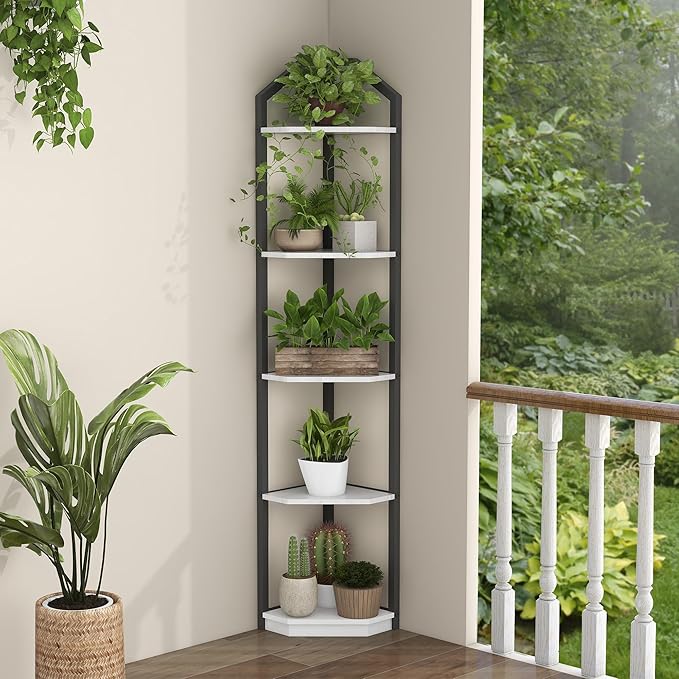 Fun Memories 5 Tier Corner Shelf, 70” Corner Shelf Stand, Corner Bookshelf Plant Stand, Storage Shelf for Bathroom, Living Room, Kitchen,Home Office, White