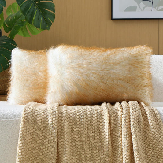 FUTEI Brown White Decorative Throw Pillow Covers 12x20 Inch Set of 2,Soft Fluffy Faux Fox Fur Textured Lumbar Pillow Case,Modern Home Decor for Couch Living Room