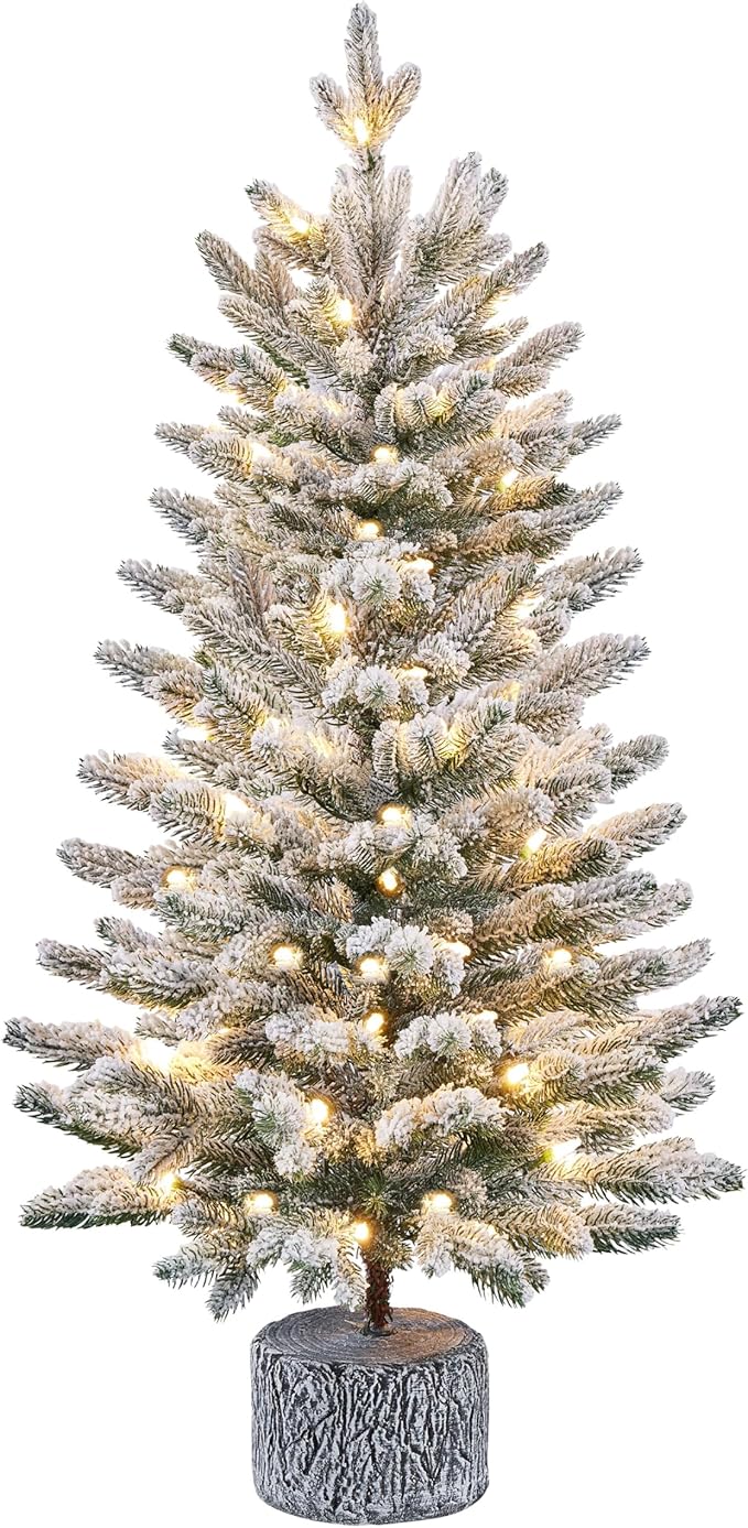 Yaheetech 3FT Pre-lit Potted Flocked Christmas Tree, Snow Frosted Mini Tabletop Artificial Christmas Tree with 50 Warm White LED Lights and 355 PE Branch Tips for Holiday Decoration
