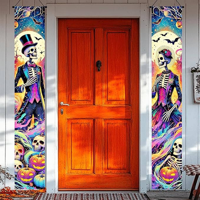 Skeleton Gentleman Lady Door Banner 12x71 Inch Halloween Holiday Porch Hanging Indoor Outdoor Front Door Vertical Decoration Purple Black Neon Pumpkin Bat Gothic Party Celebration Decor