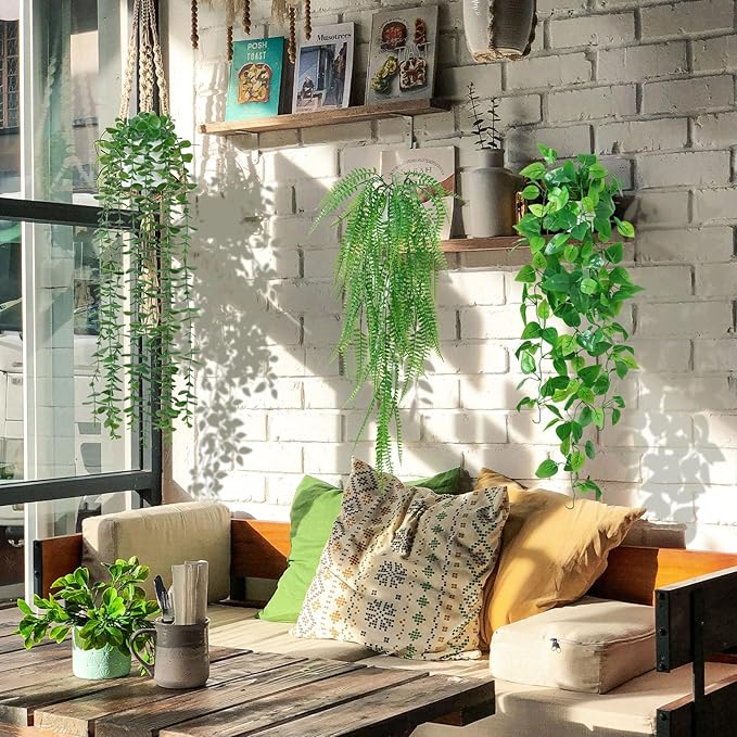 Dremisland Fake Hanging Plants with Pots 2Pack Faux Hanging Basket Plant Macrame Plant Hanger with Fake Vines Faux Hanging Planter for Wall Ceiling Home Bedroom Indoor Decor (Mix Plant-4PCS)