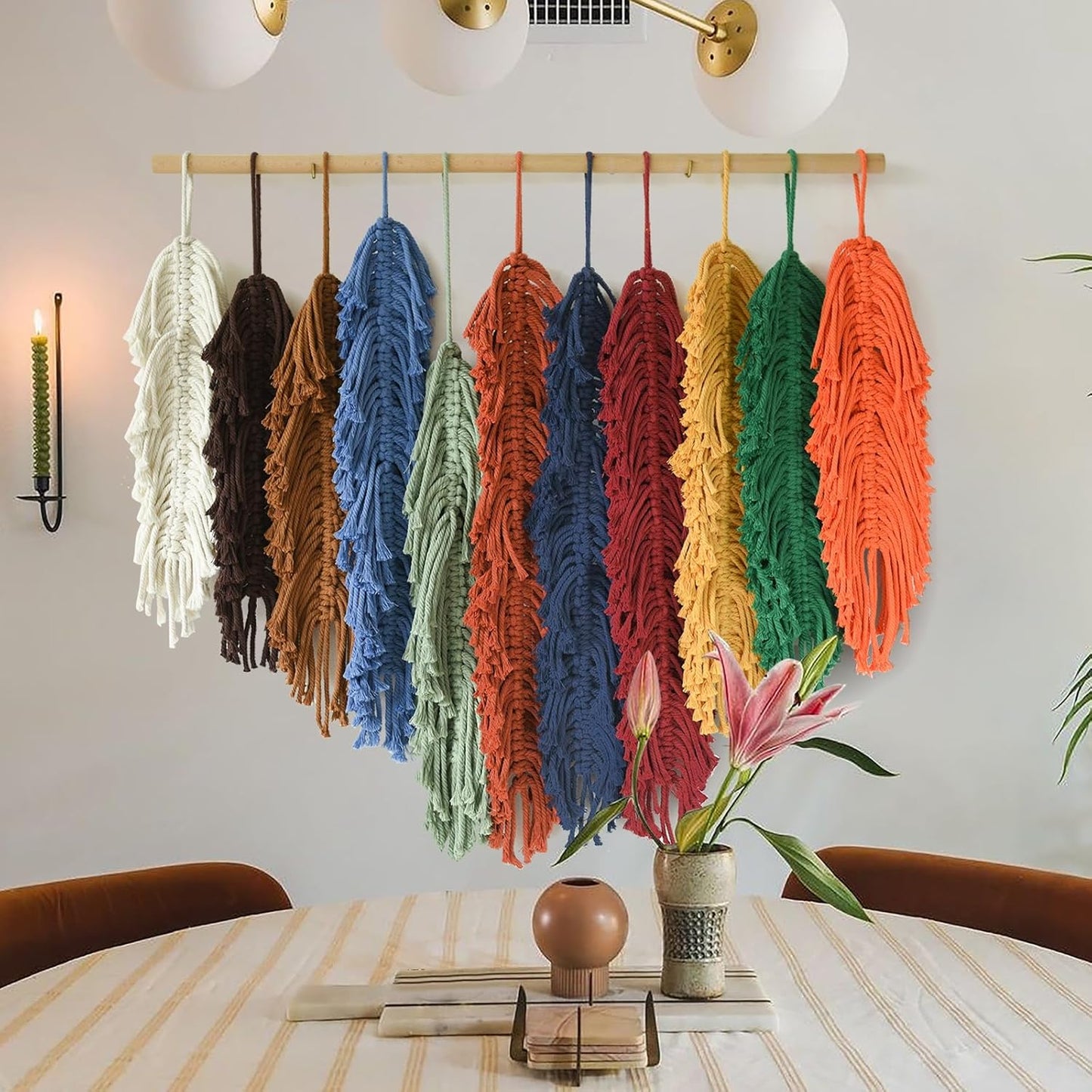 Jakalin Macrame Wall Hanging Leaf, Colorful Yarn Feathers Boho Wall Decor, Handmade Woven Tapestry for Bedroom, Nursery, Living Room, Boho Chic Fiber Art Wall Hanging 27.5" W x 23.6" L
