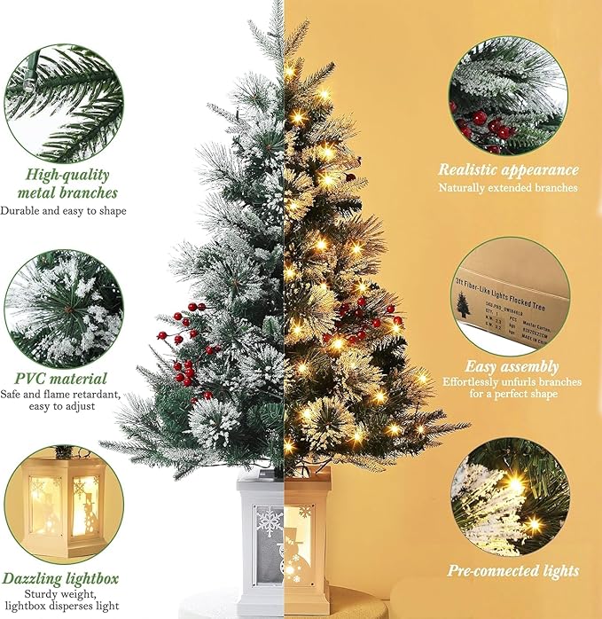3 Ft Pre-Lit Christmas Tree, Artificial Christmas Trees with Lighting, Xmas Trees with 78 Led Lights, Christmas Decoration for Home, Office, Easy Assembly