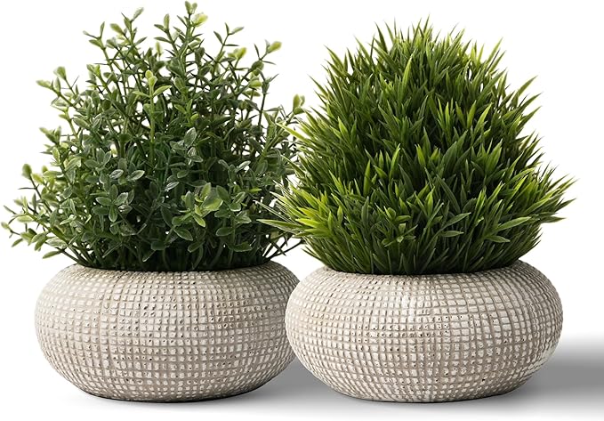 2Pack Small Fake Plants, 6.1/5.7 Inch Artificial Plants Indoor in Cement Planter, Small Faux Plants Indoor for Room Bathroom Bedroom Farmhouse Kitchen Office Home Decor - All Green - Boxwood