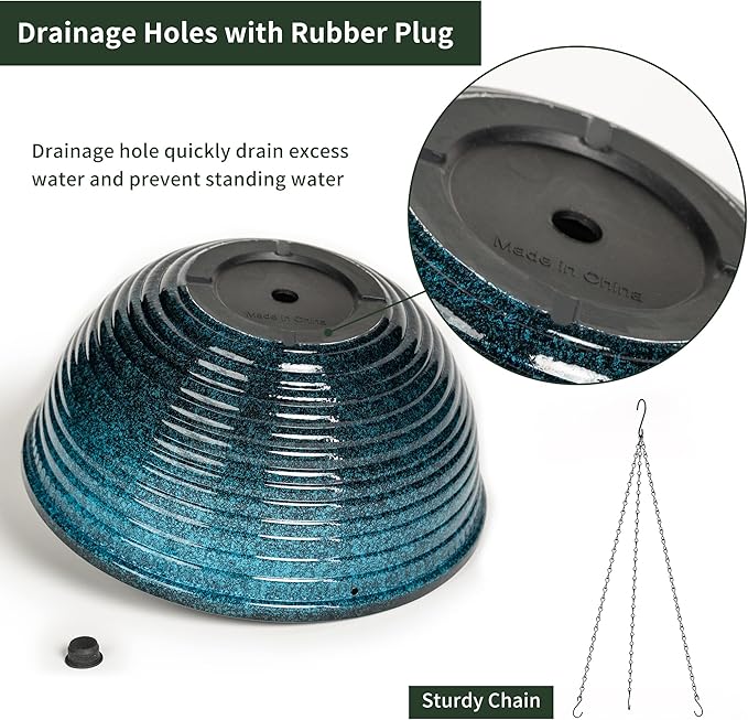 12 inch Large Hanging Planters for Indoor Outdoor Plants, Set of 2 Glazed Hanging Flower Pots with Drainage Hole, Hanging Baskets for Garden Home Porch Decor