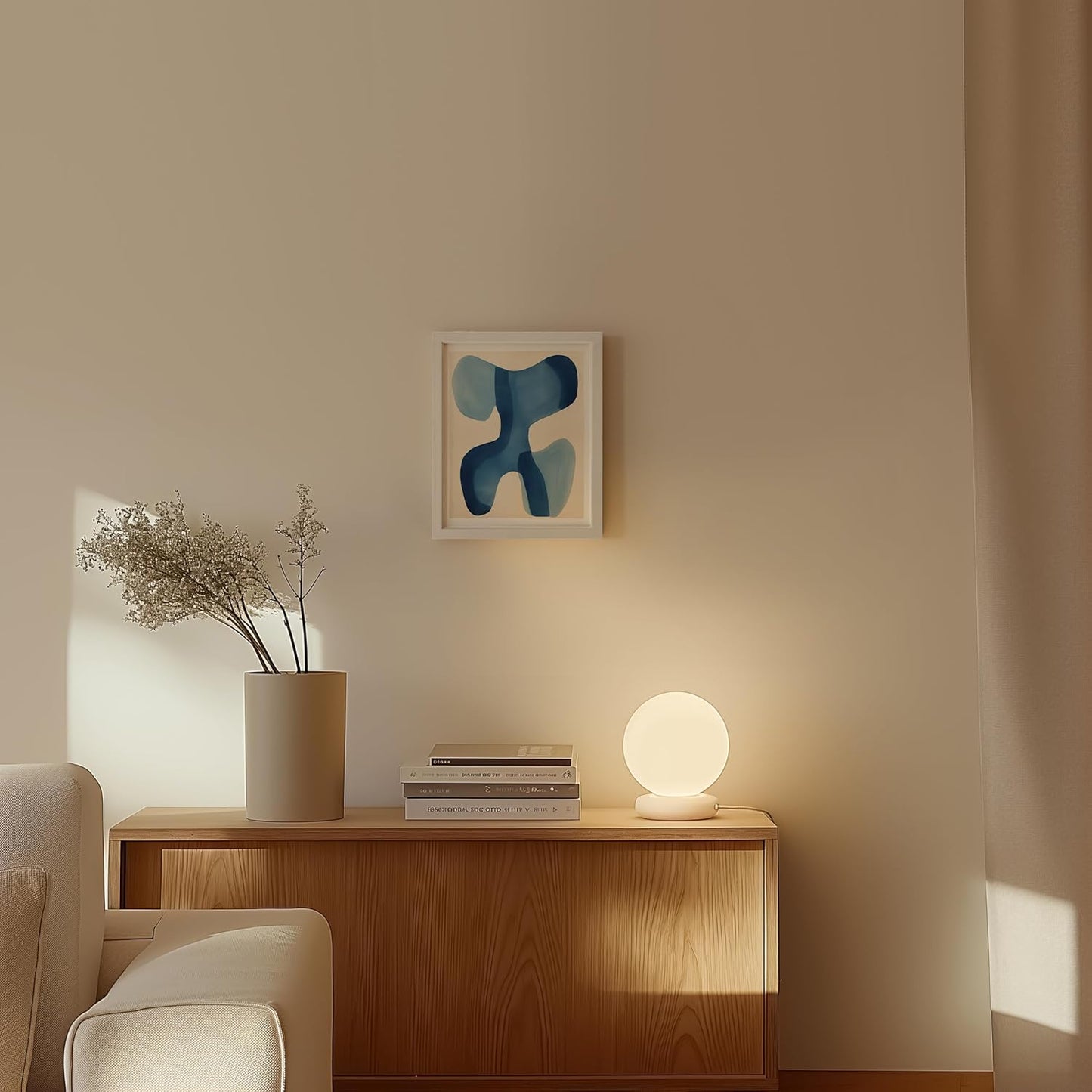 HAUS AND HUES Modern Abstract Wall Art - Blue and Green Living Room Art, Modern Artwork for Walls, Minimalist Picture for Living Room(Blue Shapes, White Frame, 8x10)