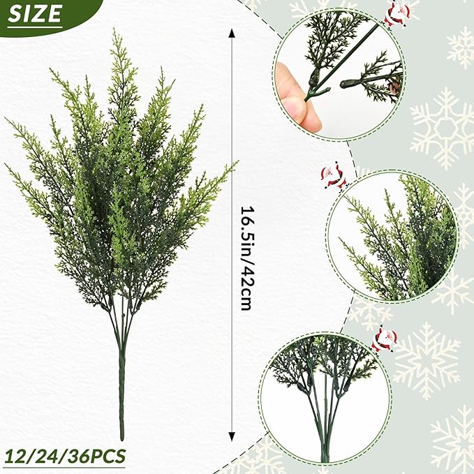 Waipfaru 24 Bundles Cedar Artificial Plants Outdoor， UV Resistant Artificial Plants，Fake Plants for Outdoor Christmas Porch Decor Lifelike Fake Bushes Plants for Home Farmhouse Yard Decorations