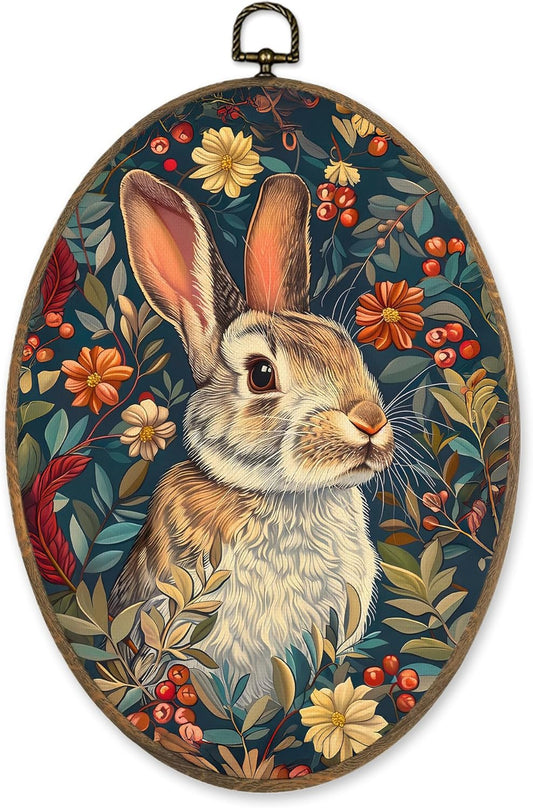 LKETW Floral Bunny Oval Wall Art Decor, Cottagecore Bunny Floral Botanical Oval Canvas Hanging Decor, Rustic Retro Rabbit Wall Decorations for Home Bedroom Living Room, 8.6x11.4 Inch