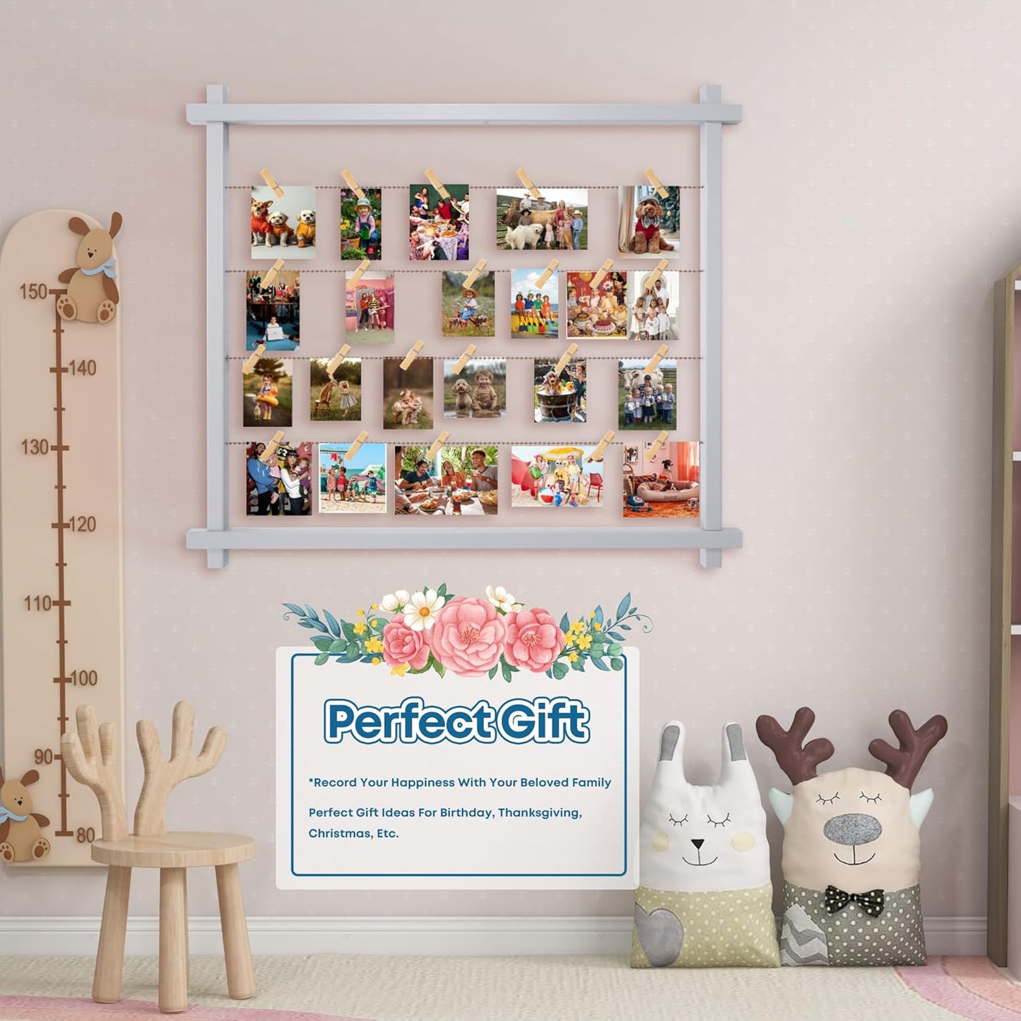 Collage Picture Frame for Nursery,Photo Display Board for Kids,Hanging Pictures Frames with Clips for Kid Graduation Birthday Party,Children Room Wall Decor,Upgraded,Easy To Assemble,(Gray White)