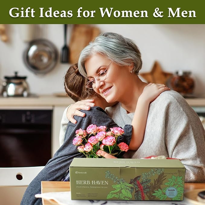 5 Herb Garden Planter Indoor with Wooden Box, Home Kitchen Seed Starter Kit Including Basil, Thyme, Parsley, Rosemary, Mint, Birthday, Mothers Day, House Warming, Gardening Gifts for Women, Mom