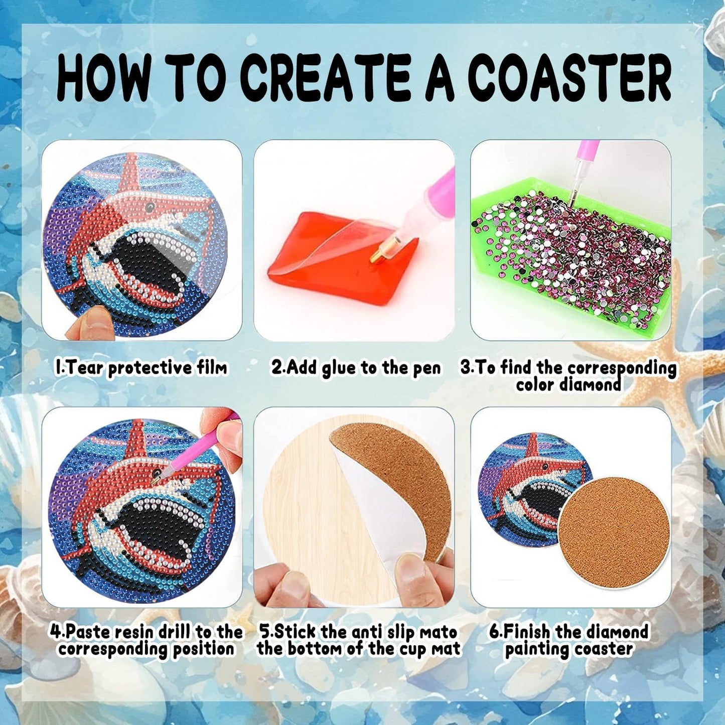 DOZEEZOP 8 PCS Diamond Art Coasters Kit, 5D Diamond Painting Coasters with Holder, Fall Small Diamond Art Kits for Adults Beginners, Diamond Dots Arts and Crafts Supplies Ocean