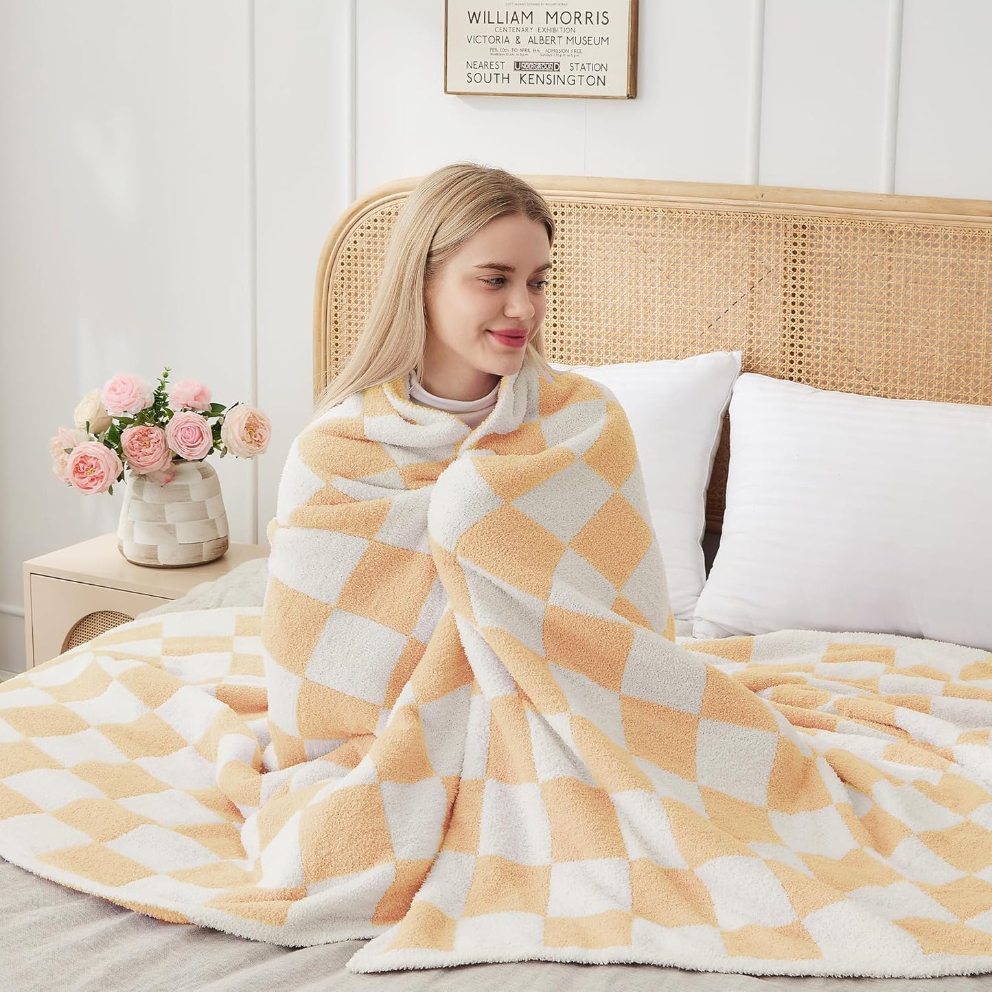 JOOJA Soft Cozy Checkerboard Peach Blanket Fluffy Knit Throw for Couch Plaid Checkered Blanket Peach 50x60 in