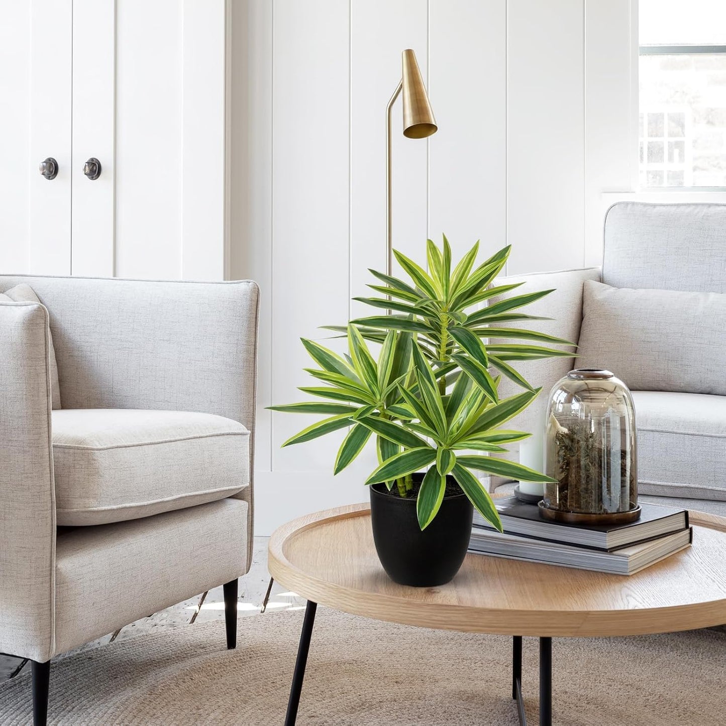 Faux Plants Dracaena Artificial Plant Realistic Green and Yellow 16.1" Fake Plants in Pot Small Indoor Plants Fake Potted Plants Artificial Decor for Home Living Room Bathroom Office House Table