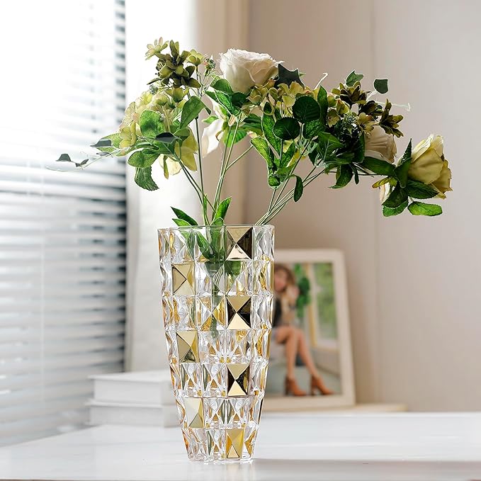 Unique Diamond-Shaped Gold Color Glass Flower Vase 11.8" Tall for Home Decor, Dining Wedding Table Office Holiday Party Centerpiece Decoration. (Gold)