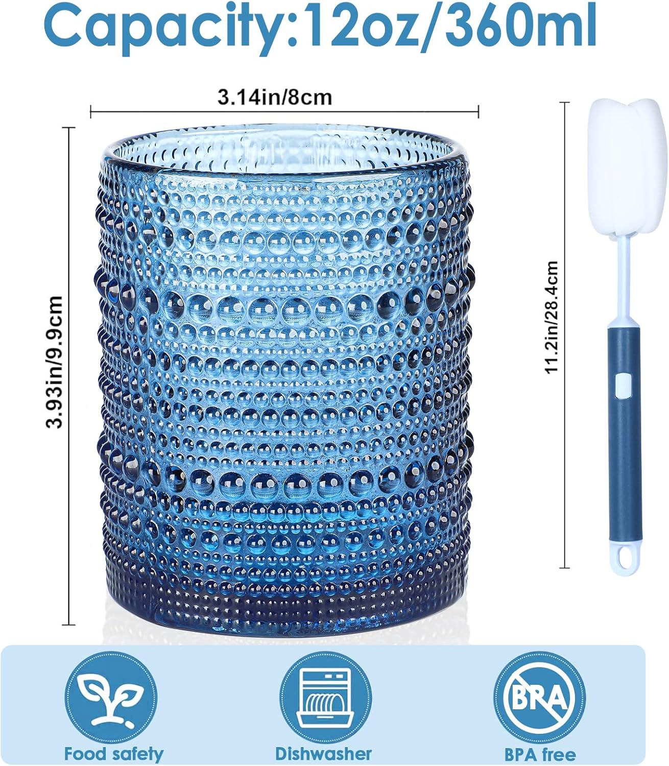 Hobnail Drinking Glasses Set of 6,12oz Blue Vintage Glassware,Cocktail Glasses,Embossed Glass Cups,Water Tumbler for Whiskey, Juice and Various Mixed Drinks