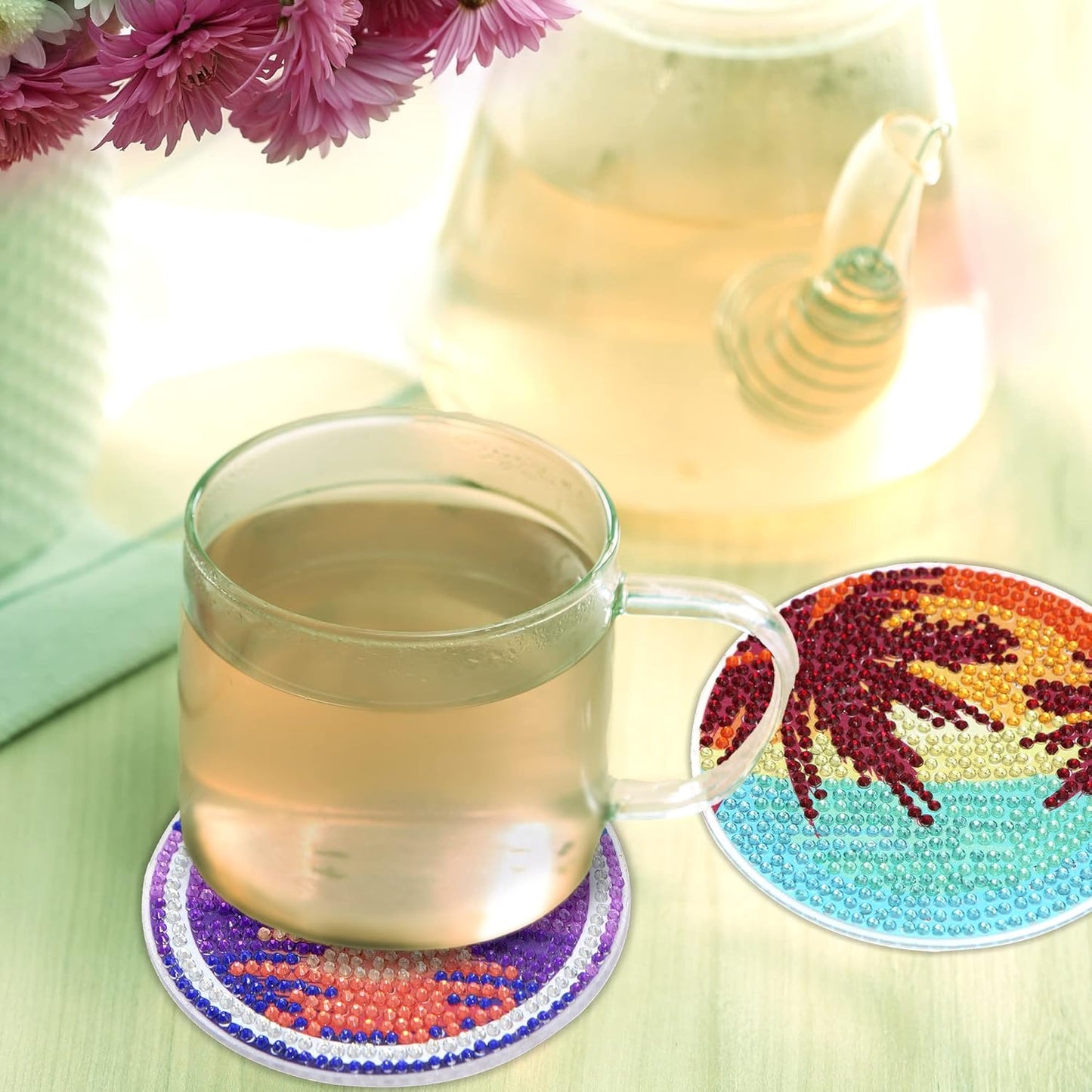 Diamond Art Coasters Kit with Holder, 8 Pcs Diamond Art Coasters for Adults Kids Beginners Crafts Gifts (Setting-Sun)