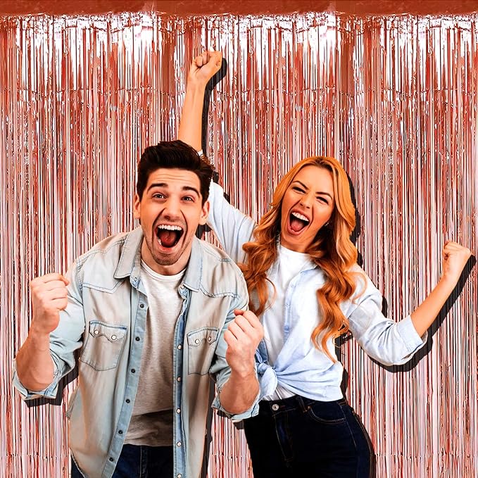 4 Pack Rose Gold Foil Fringe Curtain Backdrop, 3.28Ft x 9.84Ft Metallic Tinsel Foil Fringe Streamers Curtains for Party,