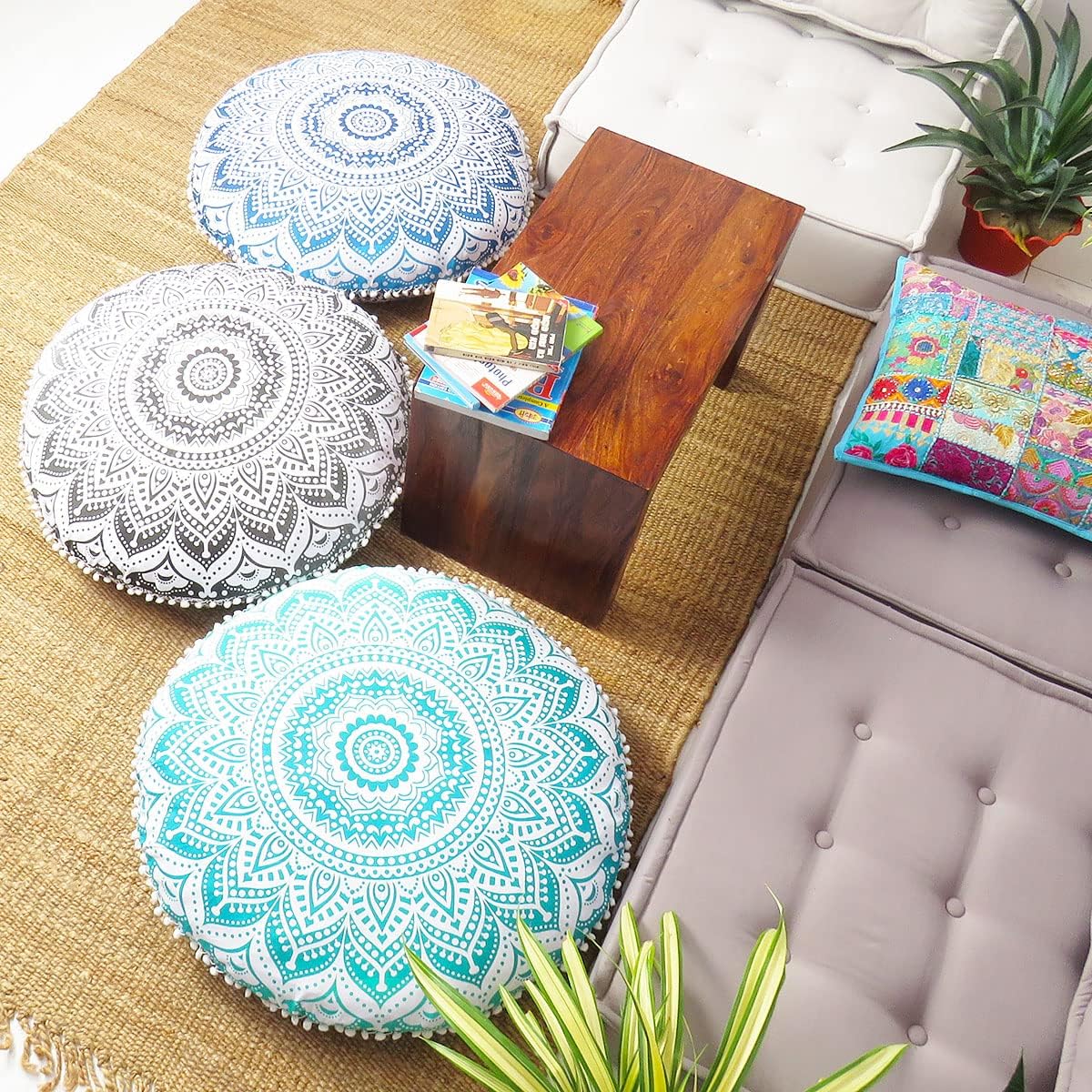 Eyes of India - Mandala Floor Pillow Cover Meditation Cushion Seating Throw Hippie Round Colorful Decorative Bohemian Indian Pouf Ottoman Handmade Cover ONLY (Ombre Black, 32" x 32")