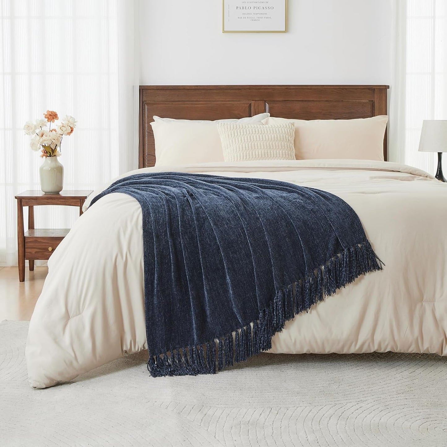 CozeCube Chenille Throw Blanket for Couch, Cozy Plush Fuzzy Decorative Navy Blue Blanket with Fringe Tassels, Lightweight Throws for Bed Sofa Gift Home Decor, 50"X60"