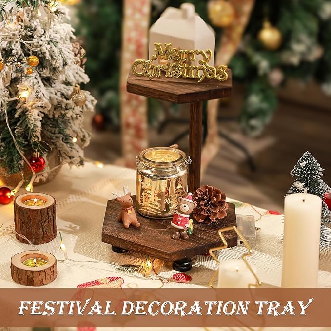 Tikea Hexagonal Wood Riser for Display, 2-Tier Rustic Wood Farmhouse Riser for Kitchen Bathroom Counter Decor, Decorative Tray for Soap Dispenser, Decorations and Plant (Brown)