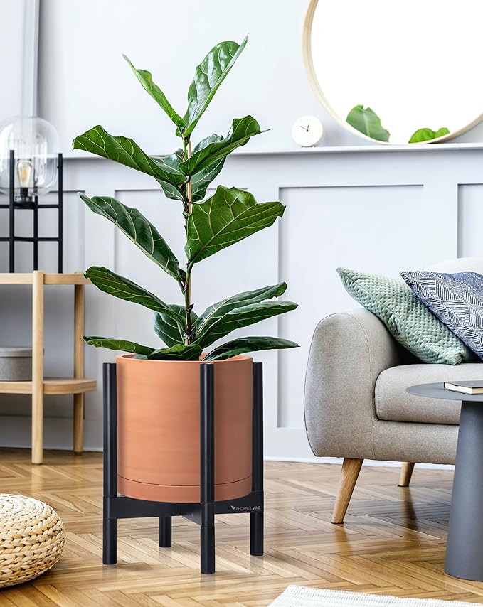 D'vine Dev Terracotta Planter with Ebony Stand - 12 Inch Modern Round Flower Pot with Wood Planter Holder, Terracotta, 55-B-H-5