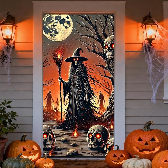 IVN Halloween Door Cover Grim Reaper Witch Scythe Skulls Full Moon Haunted Decor Doors Banner 35x71 Inch Backdrop Decoration for Spooky Events For Girls or boys gifts Banners Dedcrations