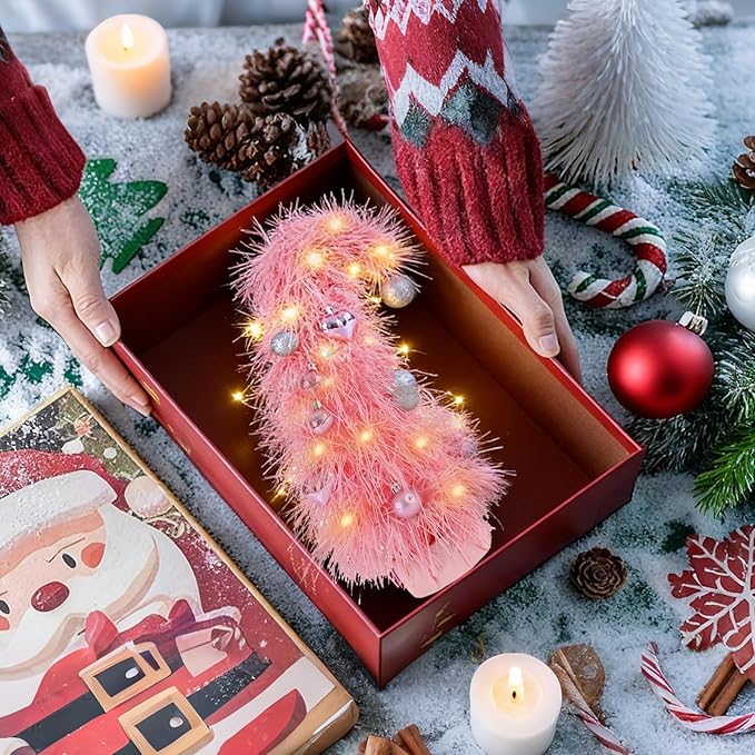 16 inch Pre-Lit Mini Christmas Tree with Ornaments Included, Pink Whimsical Artificial Tabletop Tree for Home, Office Desk & Holiday Decor